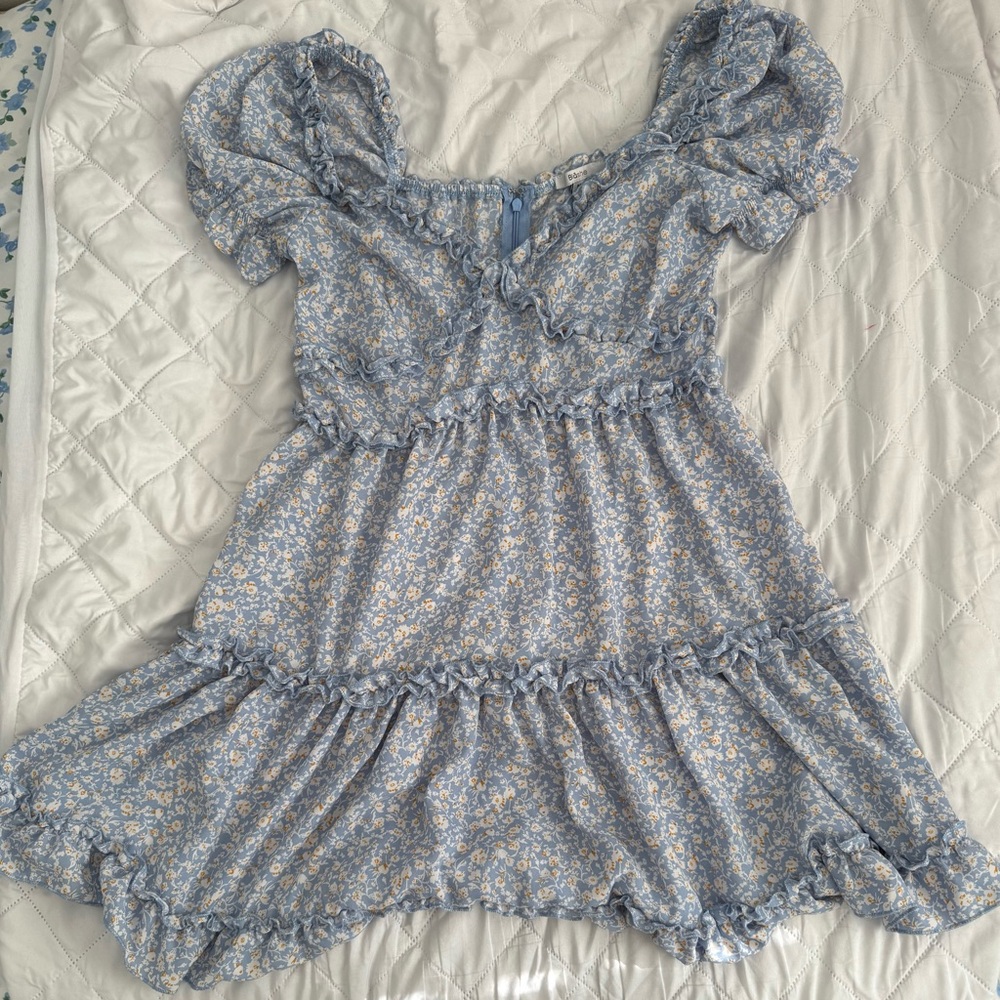Blue and White Ruffled Scoop Neck Sundress